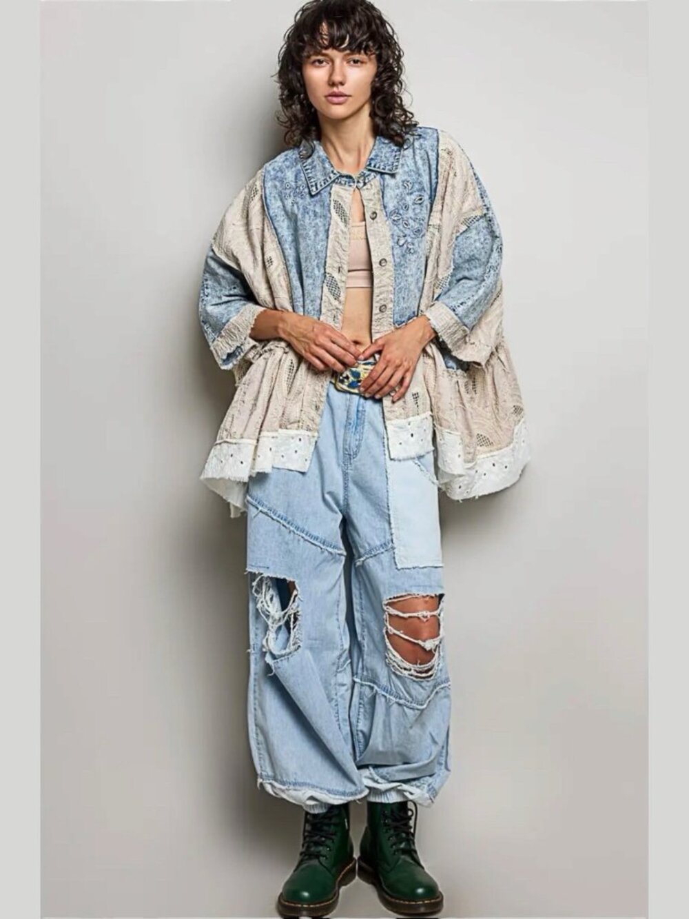 Pol Eyelet Ruffles Embroidered Crochet Patch Denim Jacket Relax Fit Size S M L - Picture 8 of 14